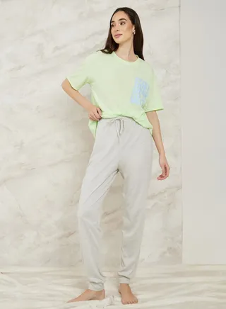 Drop Shoulder Slogan Print T-Shirt & Cuff Pyjama Set