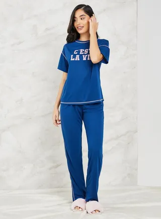 Cest La Vie Contrast Stitch T-Shirt & Pyjama Set