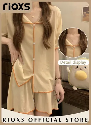 Women's 2pcs Ice Silk Pajamas Set Solid Color Short Sleeve Button Shirt with Shorts Set in Cool Feeling for Sleepwear 