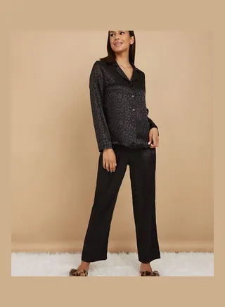 Satin Animal Jacquard Button Through Shirt and Pyjama Set 
