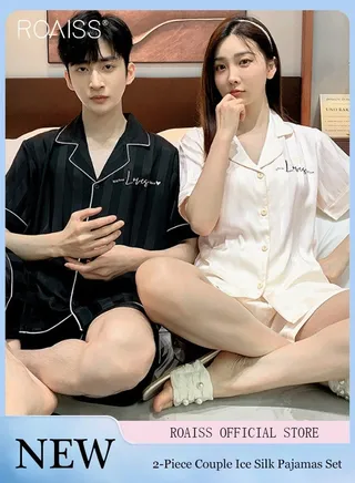 2-Piece Couple Style Ice Silk Pajama Set For Men And Women Button Fastening Lapel Short-Sleeved Shirt And Elastic Waist Shorts Set Home Wear 