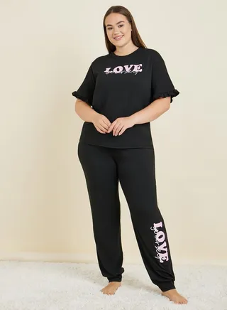 Plus Love Yourself Ruffle Sleeve T-Shirt & Graphic Cuff Pyjama Set 