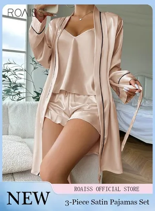 3 Piece Ice Silk Satin Pajama Set Women'S Daily Suspender Shorts And Long Sleeve Robe Set Home Wear 