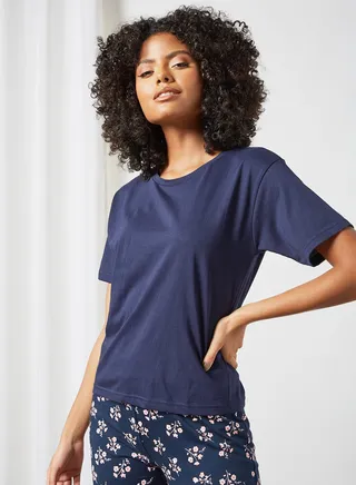 Plain Relaxed Loungewear T-Shirt Navy Blue 