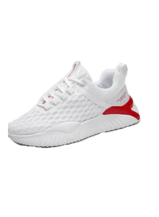 Light Breathable Mesh Detail Lace-Up Closure Running Shoes White 