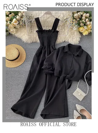 2-Piece Women Casual Suit Lapel Neck Shirt and Sling Pleated Wide Leg Jumpsuit Candy Color Matching Waist Design Ideal for Daily Commuting Wear 