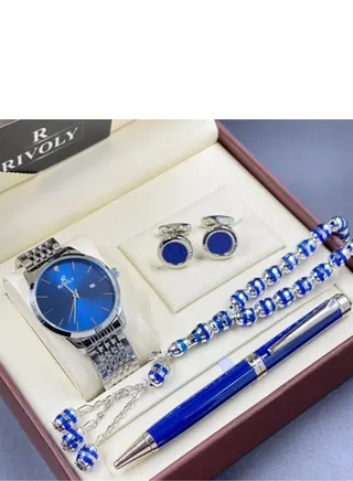 Gift Set Men's Watch Set of 4 Pieces Watch with Pen Set of Buttons and Rosary 