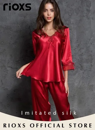 Women's Silk Pajamas Set 2 Piece Sleepwear Sets Long Sleeve Top And Pants Lingerie Loungewear Sets 