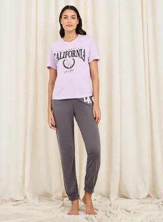 California Print Drop Shoulder T-Shirt and Cuff Pyjama Set 