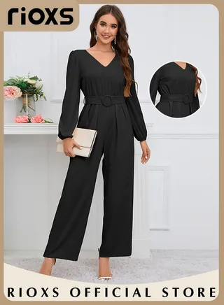 Women's Long Sleeve Slimming Jumpsuit Outfit Puff Sleeves V Neck Top And Loose Straight Leg Long Pants With Waist Belt For Business Work And Daily Wear 