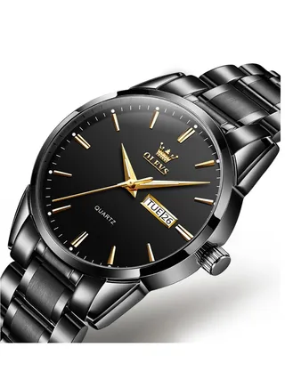 Watches for Men Stainless Steel Quartz Analog Water Resistant Watch Black 6898 