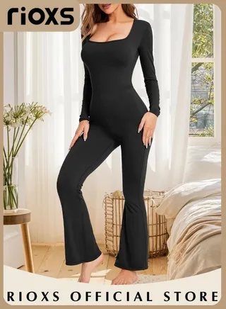 Long Sleeve Jumpsuits for Women Square Neck Wide Leg Full Length Romper Playsuit 
