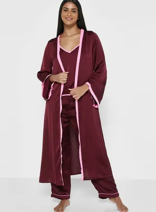 3Pc Pyjama Set Cami Top With Night Robe & Pant 