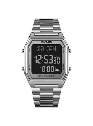 Men's Muslim Stainless Steel Strap Digital Square Azan Watch 3671SIBK 