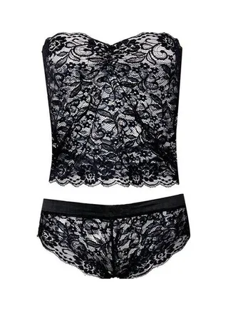 Women's Lace Corset Push Up Vest Top Bra + Pants Sleepwear Suit Black 