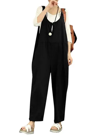 Summer Cotton Linen Rompers Jumpsuits Vintage Sleeveless Backless Overalls Strapless Playsuit Black 