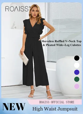 Women Jumpsuit Sleeveless Top with Ruffle Detail & High Waisted Wide Leg Long Flared Pants with Pleated Accents Classic and Versatile Solid Color Design Women Business Casual Jumpsuit 