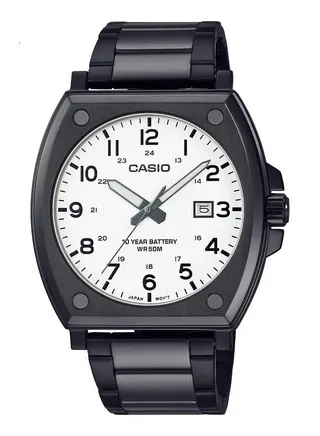 Men Watch Analog White Dial Black Ion Plated Case And Band Stainless Steel MTP-E715D-7AVDF 