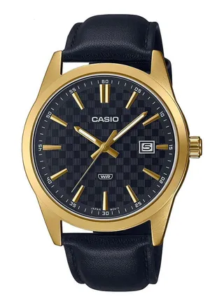 Men Watch Analog Date Display Black Dial Leather Band Gold Ion Plated Case MTP-VD03GL-1AUDF 