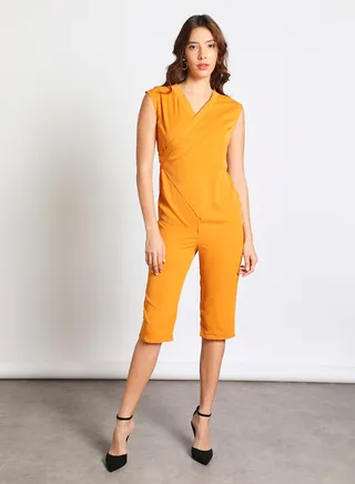 Women's Sleeveless Tie Detail Tailored Wrap Jumpsuit With Waist Tie Mustard 