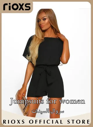 Women's Elegant High Waisted Belted Jumpsuit Solid Trendy Short Sleeve One Piece Playsuit With Shorts 