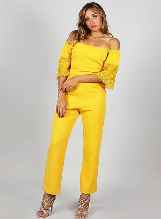 Solid Off Shoulder Jumpsuit Yellow 