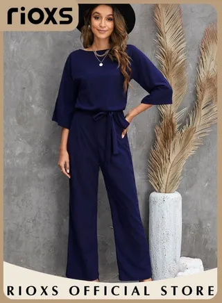 Women's Long Sleeve Jumpsuit Outfit 3/4 Long Sleeve Top and Loose Straight Leg Pants Romper Set with Belt 