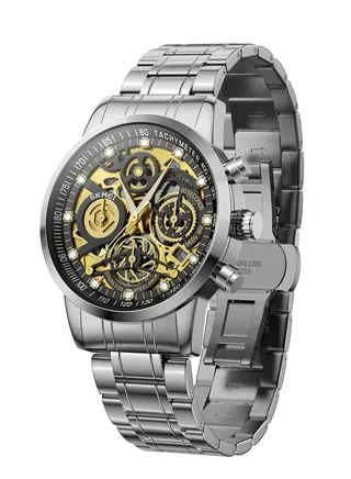Watches for Men Stylish Stainless Steel Analog Water Resistant Quartz Watch Gold&Black 7059 