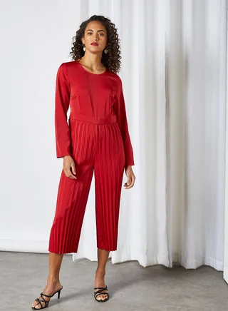 Satin Pleated Jumpsuit Red 