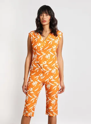 Women's Sleeveless Tie Detail Tailored Wrap Jumpsuit With Waist Tie Orange/White 