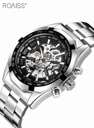 Men's Mechanical Skeleton Stainless Steel Watch Waterproof Self Winding Luxury X Dial Steampunk Wristwatch 