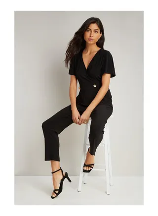 Black Button Detail Jersey Jumpsuit 