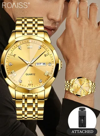 Men's Stainless Steel Strap Quartz Watch Analog Display Round Gold Dial with Rhombic Coated Glass Mirror Waterproof Luminous Wristwatch as Gift for Men 