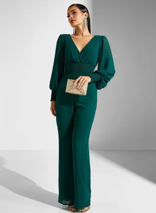 Tie Detail Surplice Neck Balloon Sleeve Jumpsuit 