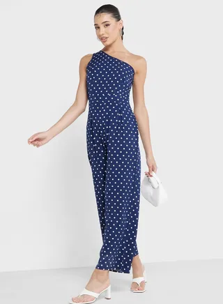 One Shoulder Polka Print Jumpsuit 