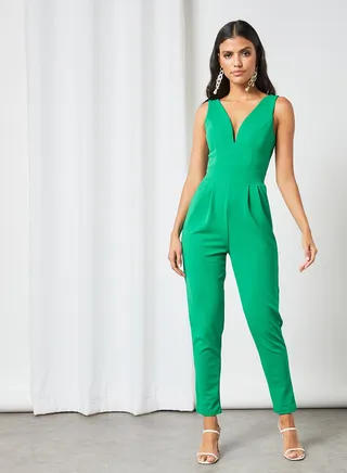 Plunge Neck Padded Jumpsuit Green 