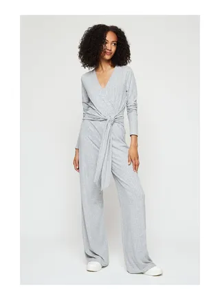 Tall Grey Wrap Over Rib Jumpsuit 