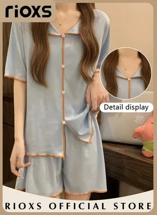Women's 2pcs Ice Silk Pajamas Set Solid Color Short Sleeve Button Shirt with Shorts Set in Cool Feeling for Sleepwear 