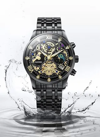 Watches for Men Stainless Steel Water Resistant Quartz Analog Watch 7039 Black 