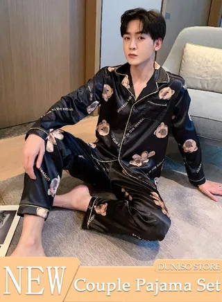 2 Picecs Couples Matching Pajamas Sets Silk Satin Sleepwear Set Home Loungewear Long Sleeve Shirt with Button and Pants for Couple 