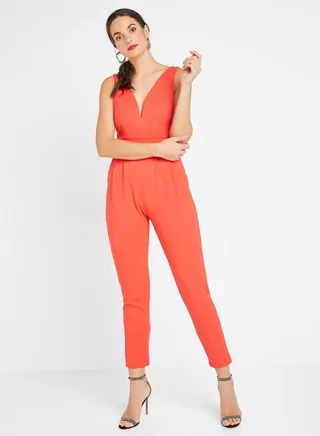V-Neck Padded Jumpsuit Coral 
