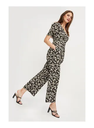 Black Spot Floral Button Front Jumpsuit 
