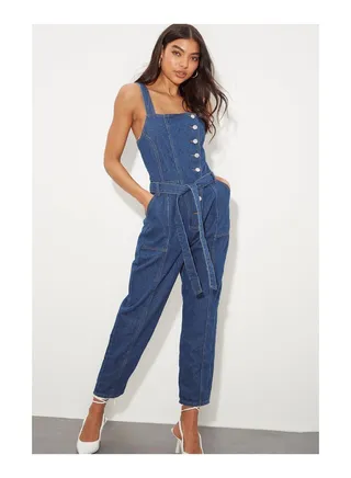 Button Front Denim Jumpsuit 