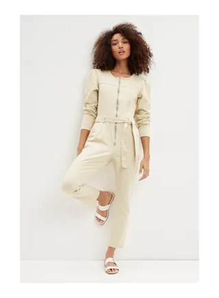 Denim Long Sleeve Zip Through Jumpsuit 