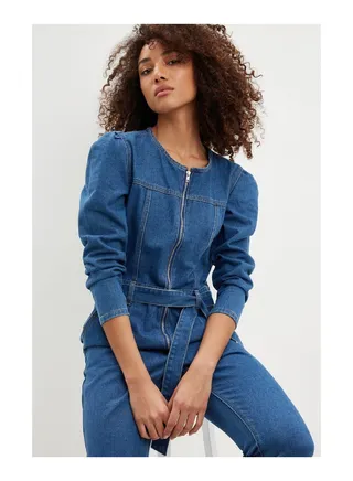 Denim Long Sleeve Zip Through Jumpsuit 