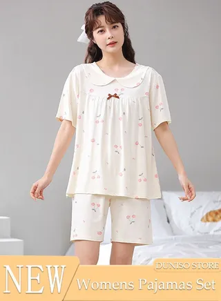 Women's 2pcs Pajama Set Short Sleeve Nightgown Sleepwear Breathable Loungewear Girls Comfortable Round Neck Nightwear Summer Home Wear 