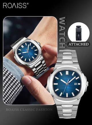 Men's Stainless Steel Strap Quartz Watch Analog Display Square Blue Dial with Calendar Waterproof Luminous Nautilus Wristwatch as Gift for Men 