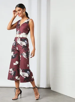 Print Plunge Wide Leg Jumpsuit Multicolour 