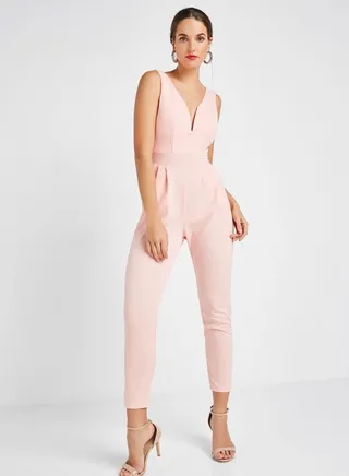 V-Neck Padded Jumpsuit Peach 