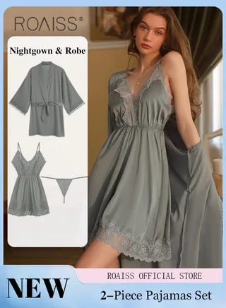 2-Piece Set of Women Pajamas with V-Neck Design Women Home Wear Set Same Color Outer Robe and Lace Element Nightgown 
